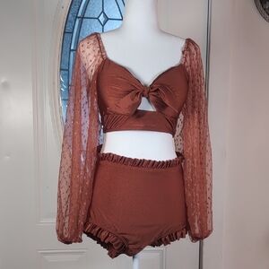 MaryDale Rust Brown Two-Piece Vacation Set with Sheer Long Sleeves